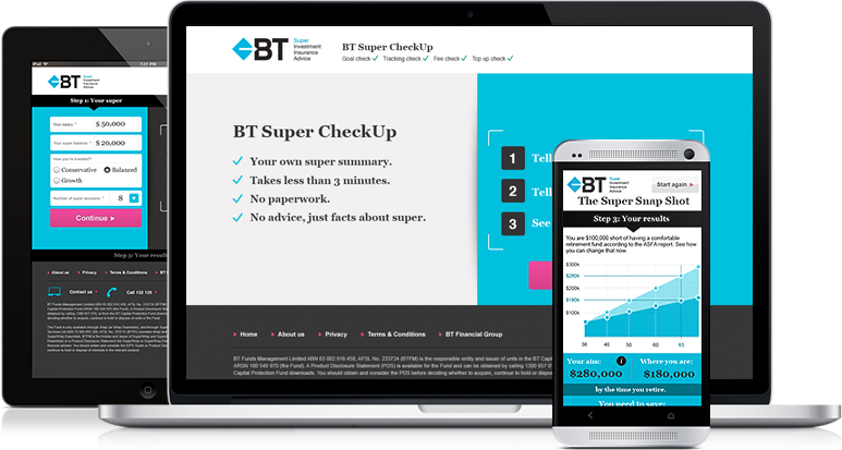 A screenshot of the BT Super CheckUp on desktop, tablet and mobile